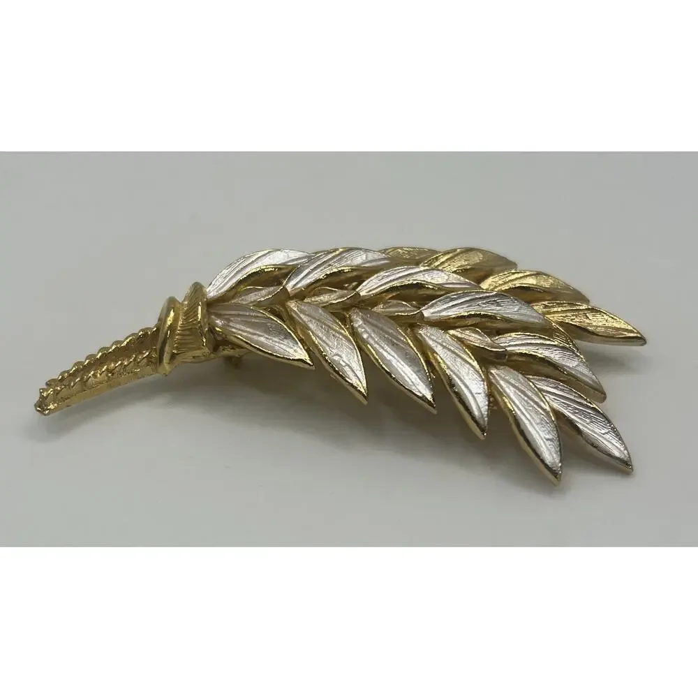 Vintage MCM 2 Tone & Enamel Large Wheat Sheaf Harvest Costume Statement Brooch